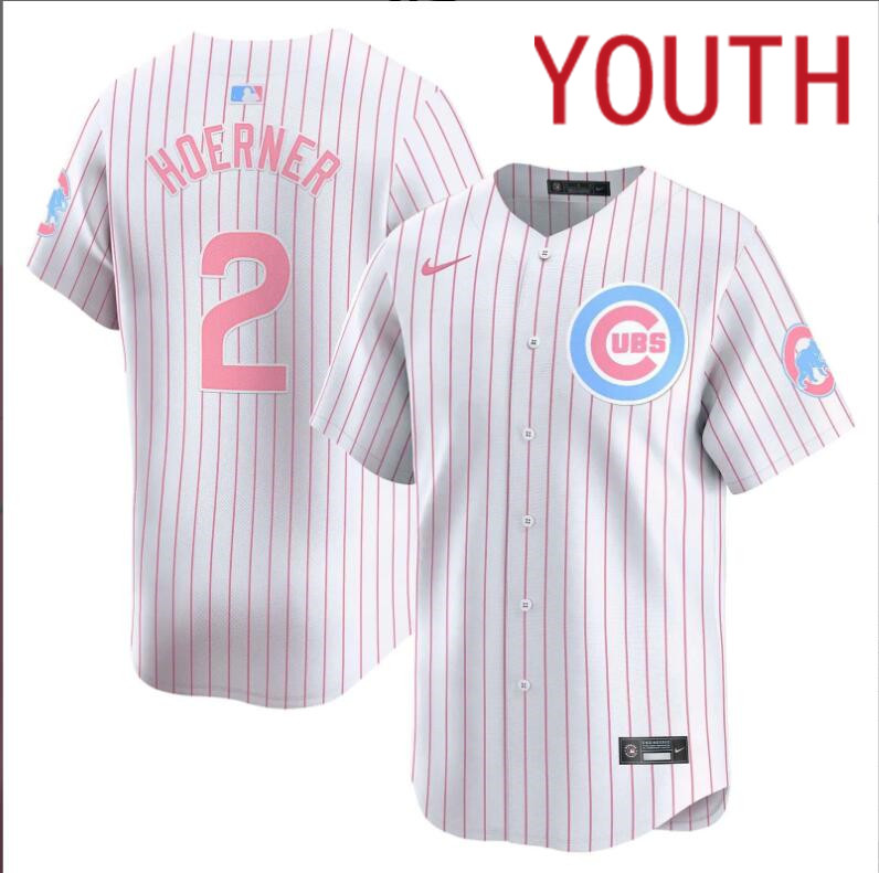 Youth Chicago Cubs 2 Hoerner white with red strips 2024 Nike MLB jersey